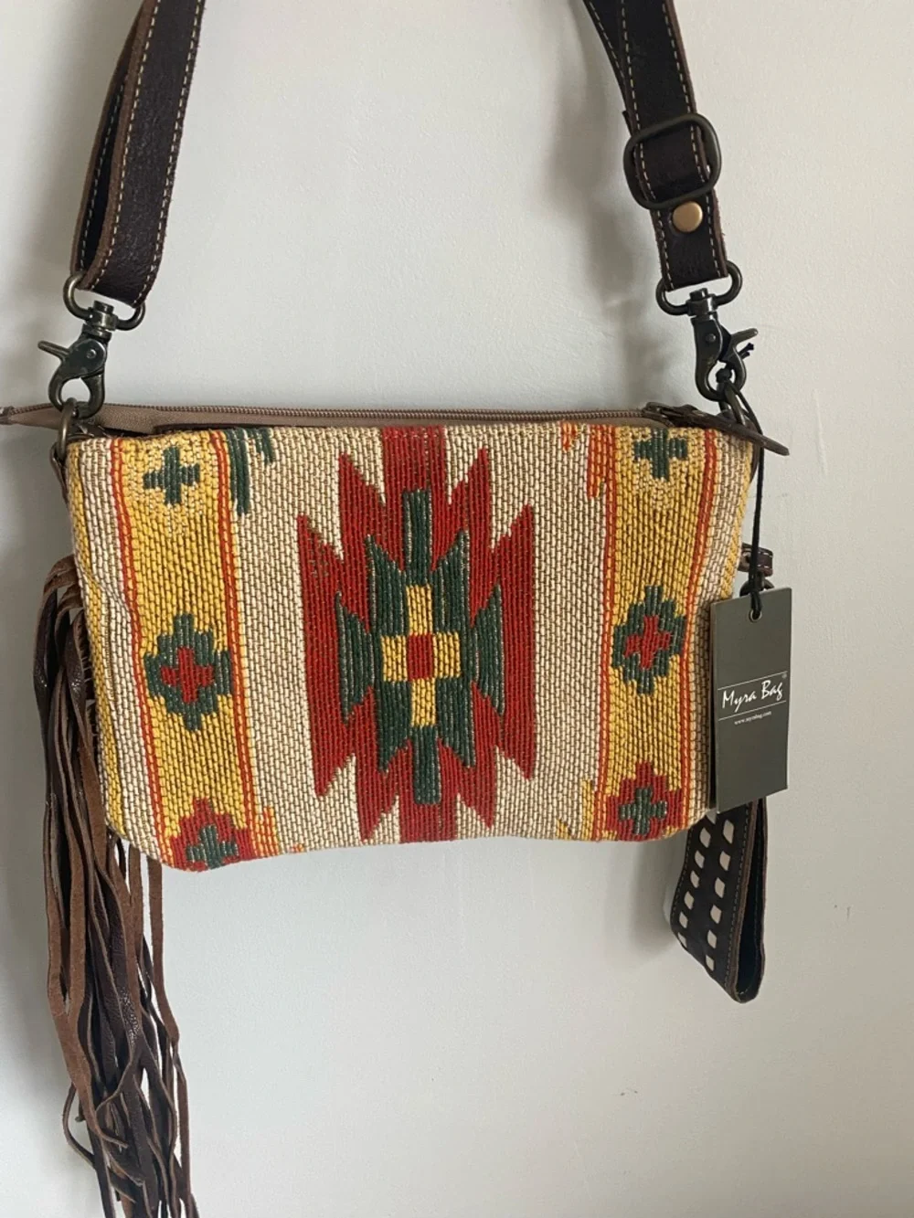 Myra Bag Woven Southwest Crossbody with Tooled Brown Leather Trim - Picture 4 of 9